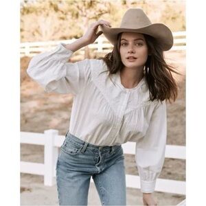 THE GREAT. White Cotton Peasant Blouse with Lace Yoke